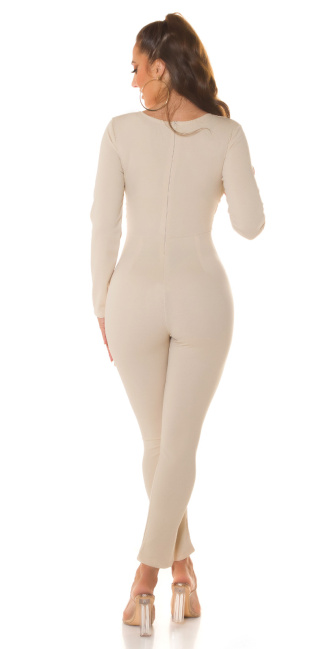 longsleeve Jumpsuit with V-Neckline Beige